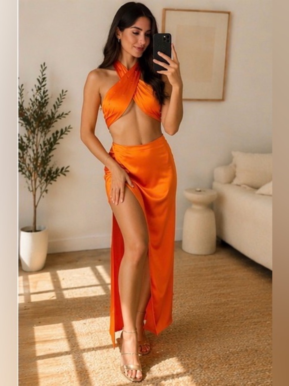 Nicholas Manon 100% Silk Orange Draped Maxi Skirt Size 0 Side Slit Luxury NWOT
